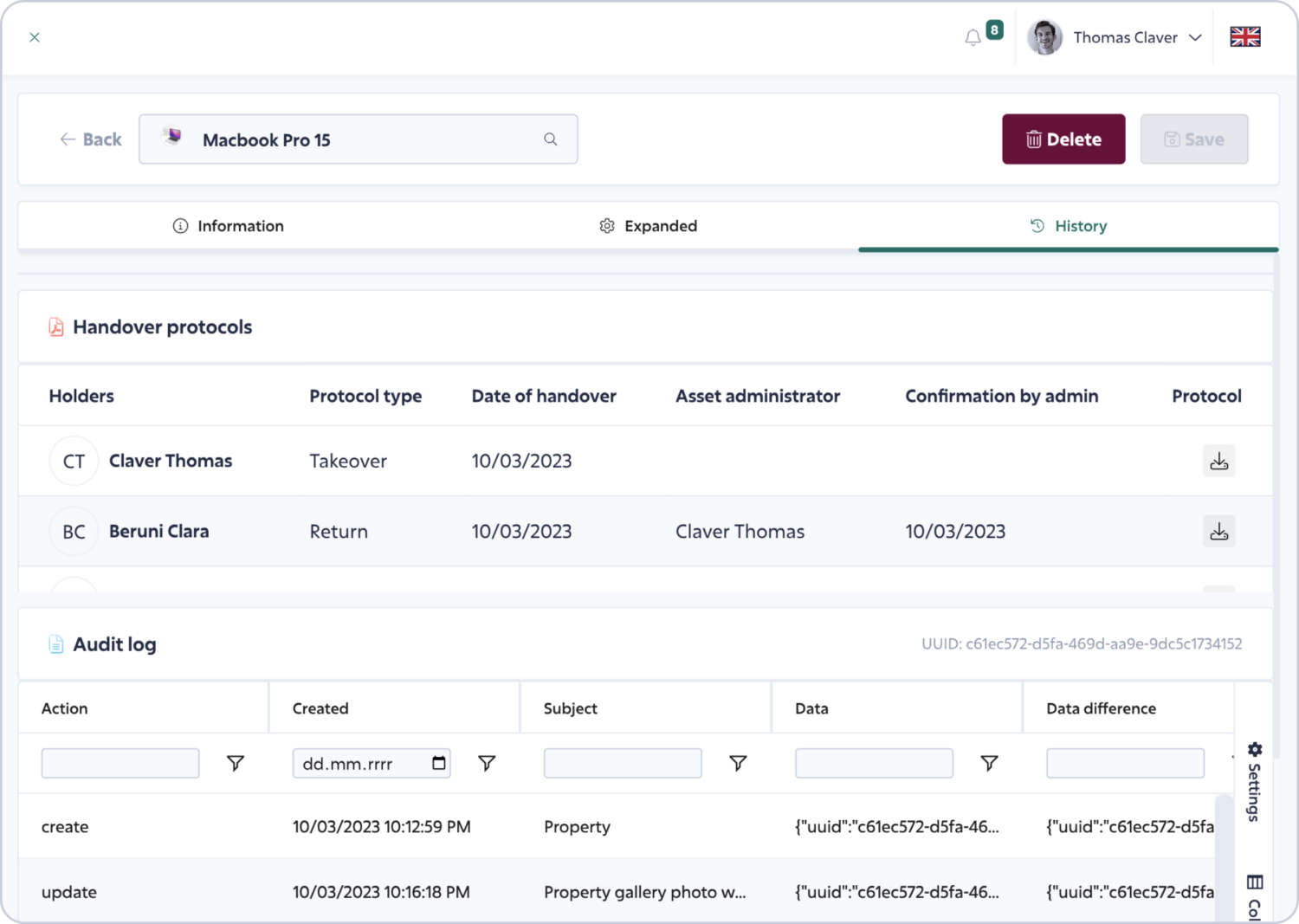 Asset audit log